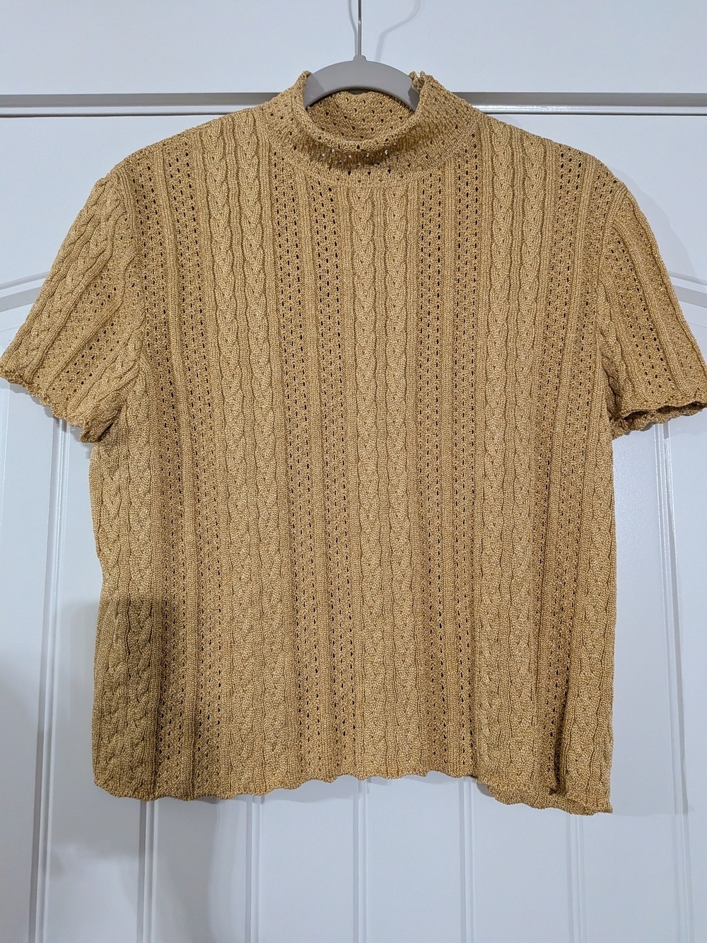 St. John Collection Cable Knit Gold Embroidered Short Sleeve Mock Neck Sweater